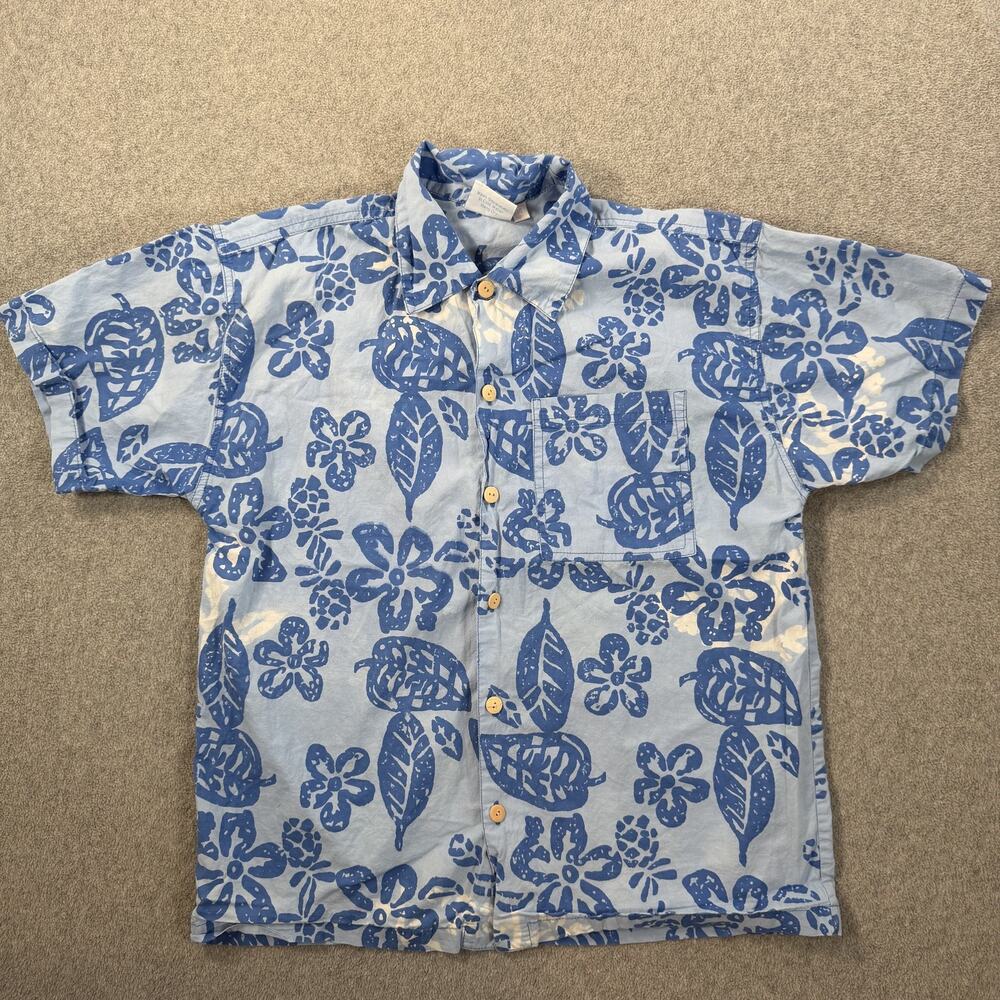 Blue Ginger Boys Size 14 Blue White Hawaiian Floral Button Up Shirt Cotton Top